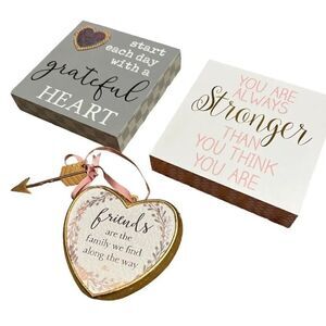 Belle Maison Inspirational Quotes Art Box Sign Decor Bundle & Heart Desk Plaque